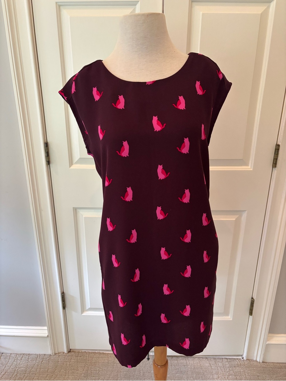LOFT Shift Dress in Deep Plum with Pink Cats